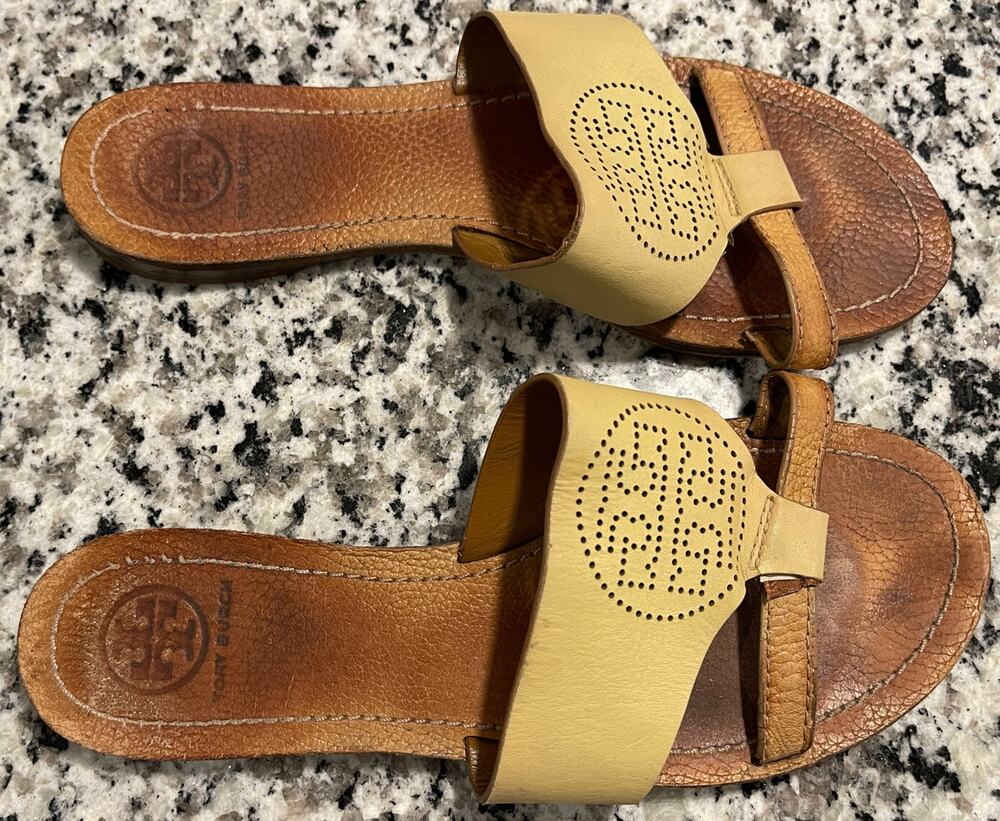TORY BURCH Tan Leather Signature Perforated Logo Pebble Accent Flat Slides Sz 7